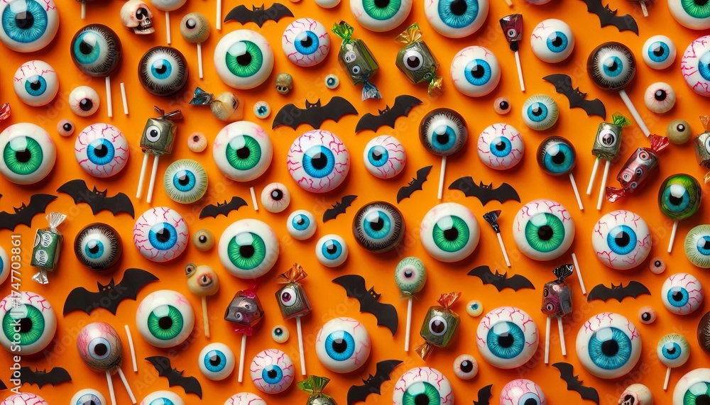 Fototapeta premium Pattern of Halloween candy arranged in rows with eyeballs, orange background.