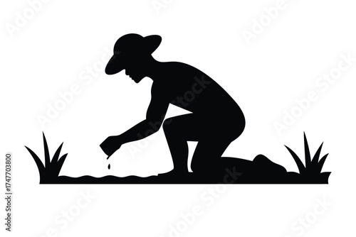 Solid Black Silhouette Vector of a Farmer Planting Rice