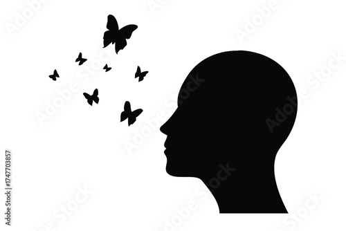 Solid Black Silhouette of a Human Head with Butterflies Flying Out