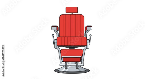 Illustration of a classic red barber chair with armrests, headrest, and a footrest.