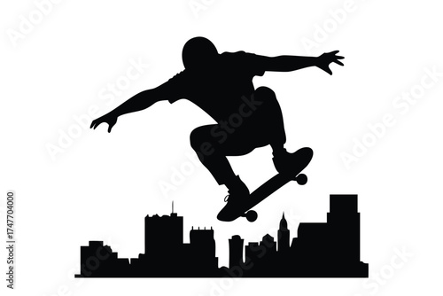 Solid Black Silhouette Vector of a Skateboarder Mid-Jump