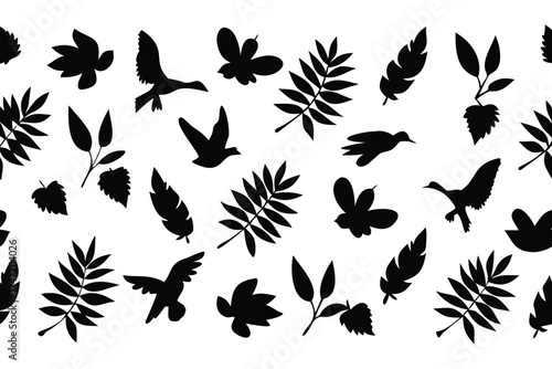 Solid Black Silhouette Vector Seamless Pattern of Tropical Leaves and Birds