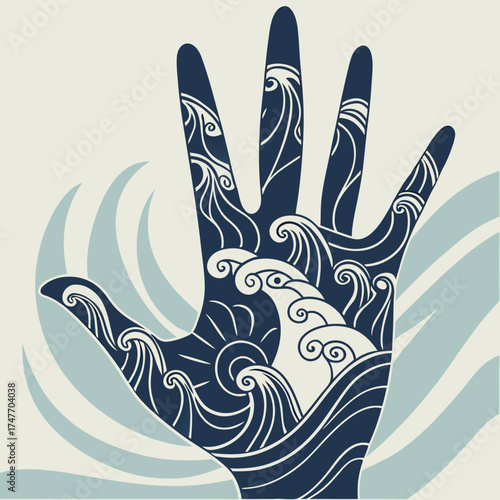 Vector art of hand with ocean wave illustration