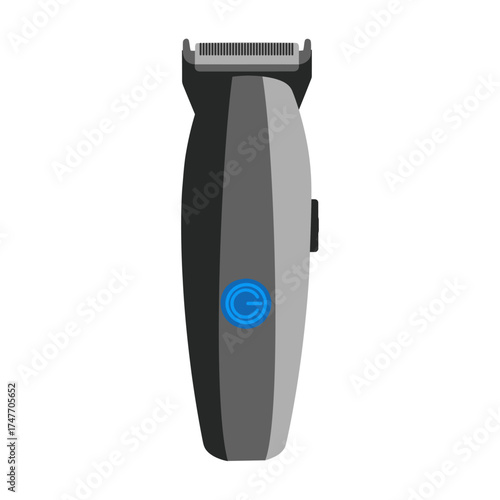 Illustration of a gray electric hair clipper with a blue button.