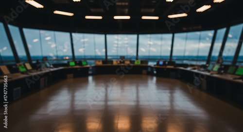 Modern air traffic control room with panoramic windows overlooking an airport tarmac for commercial usage and mockups