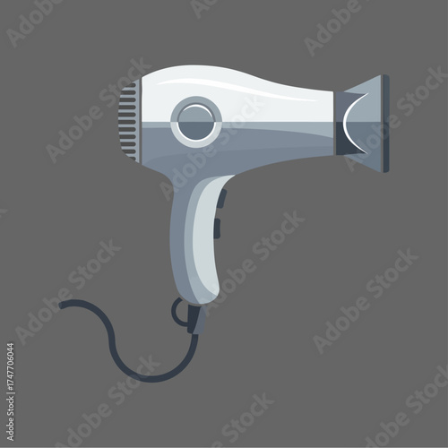 A modern grey and white electric hairdryer with a black cord, depicted in a flat vector illustration style.