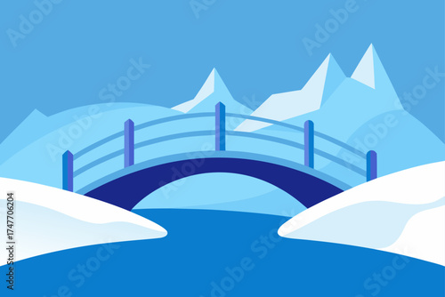 Winter bridge over river with mountain background