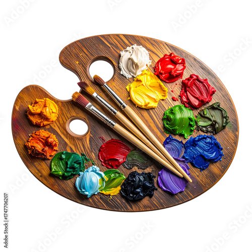  Dark wooden artist's palette with vibrant impasto oil paints (reds, blues, greens, yellows, purples, browns) and