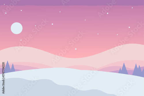 Pastel winter landscape with moon and snowy hills