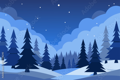 Winter landscape with trees and snow at night time