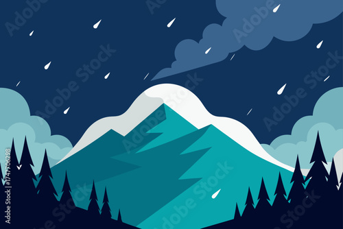 Illustration of mountain landscape with rain and trees