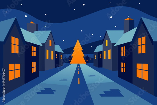 Christmas tree street view at night with houses row