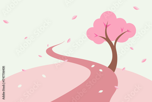 A pink cherry blossom tree near a winding pink path