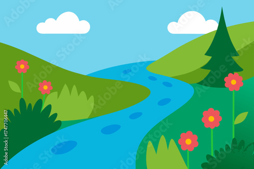 Landscape with river flowers tree and cloudy sky
