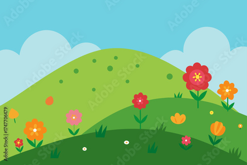 Cartoon landscape with hills flowers and cloudy sky