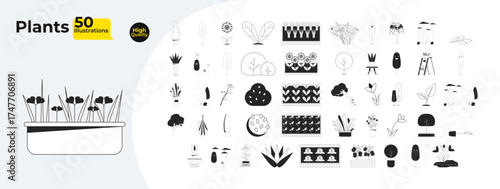 Plants, trees, shrubs and nature outline illustrations mega bundle. Flowers, bushes, flowerpots, raised beds, rainy weather 2D linear images isolated. Collection black and white vector drawings