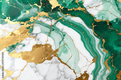 A striking, luxurious abstract marble texture featuring swirling veins of emerald green and white, accented by cracks and flakes of metallic gold.