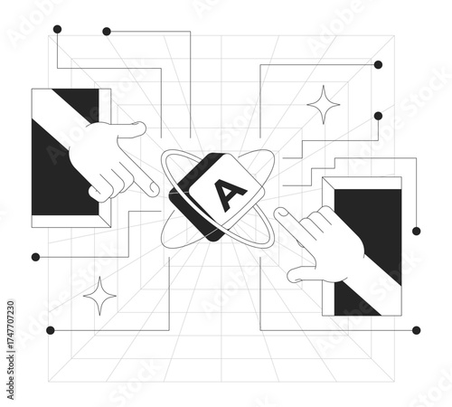 Digital library access line onboarding ui illustration. Hands reaching out from portals toward floating keyboard key with orbits outline 2D concept isolated. Ink linear metaphor vector art