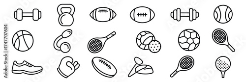 Diverse sports and fitness equipment line art icons scalable vector eps graphics vector