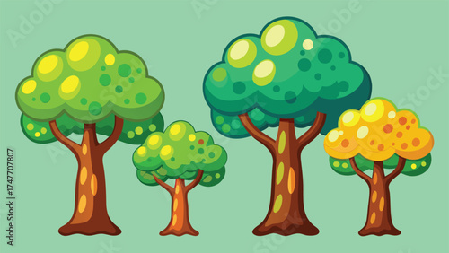 Whimsical cartoon trees in different sizes and shapes, illustrated with vivid colors and a cheerful aesthetic..eps