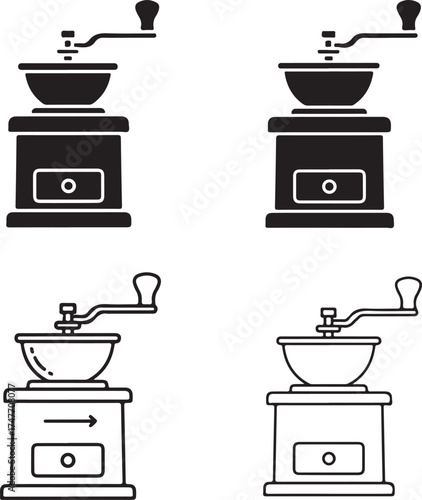 Two sets of vintage coffee grinders detailed line art on transparent background silhouette