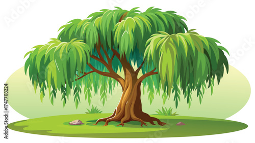 Stylized vector image of a willow tree featuring long, sweeping branches and vibrant green foliage..eps