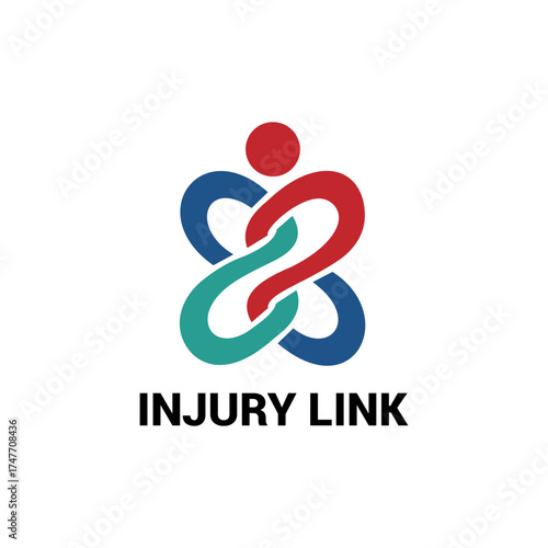 Vector art of abstract injury link logo design featuring interconnected shapes in red, blue, and green, , suitable for medical or healthcare brands