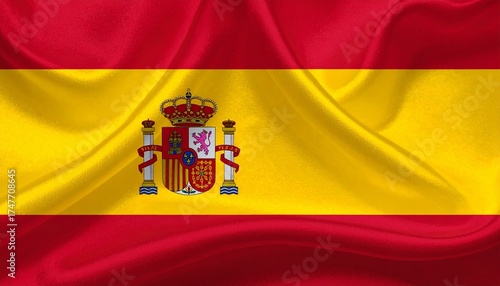 National flag of Spain with red and yellow horizontal stripes and detailed coat of arms featuring historical kingdoms crown and PLUS ULTRA motto for editorial geopolitical heritage and cultural identi