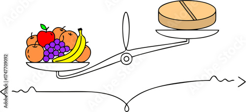 Balance scale with fruits and a medicine pill. Concept of nutrition versus drugs, and food as medicine