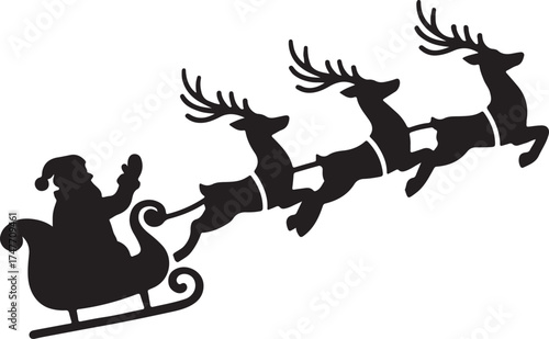 Santa sleigh silhouette, flying reindeer illustration, Christmas gift delivery