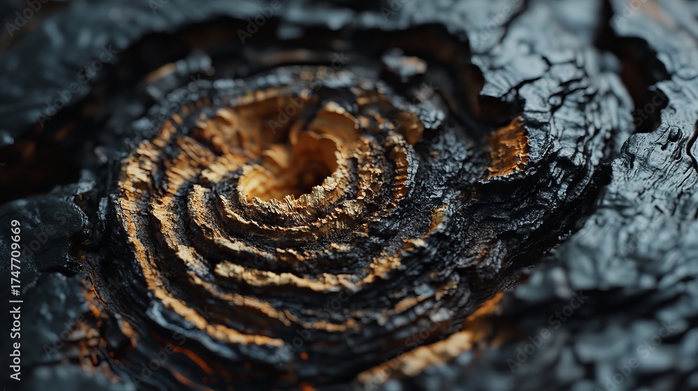 Obraz premium Intricate natural texture of charred wood revealing golden wood grain in striking macro detail, evoking raw power and natural beauty.
