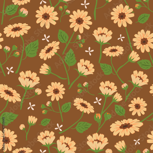 Seamless pattern of yellow daisies with green leaves on warm brown tones. Great for vintage textile, home decor, and retro-style wallpaper.
