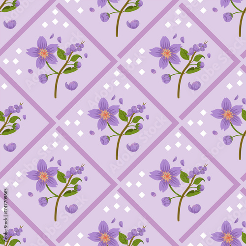 Seamless pattern with purple flowers arranged in a diamond grid on a soft lavender background. Perfect for fabric, wrapping paper, and feminine designs.