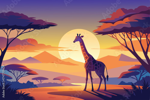 Beautiful Sunset with Giraffe and Silhouetted Trees in African Wildlife