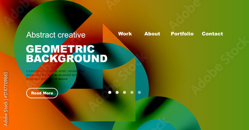 Abstract website design features vibrant geometric shapes, text overlay, navigation menu. Orange button invites further exploration.