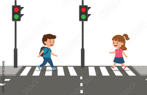 Cartoon children crossing road safely, pedestrian crosswalk, traffic light green signal, school kids walking, street safety awareness, cad drawing flat vector illustration