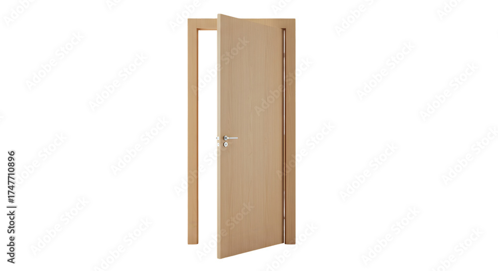 Fototapeta premium Isolated Open Wooden Door With Silver Handle and Frame