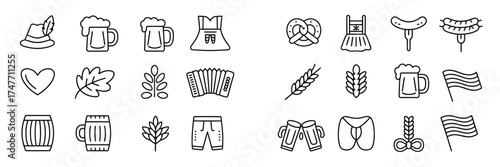 Set of 20 black and white line art icons featuring oktoberfest and beer symbols scalable vector eps vector