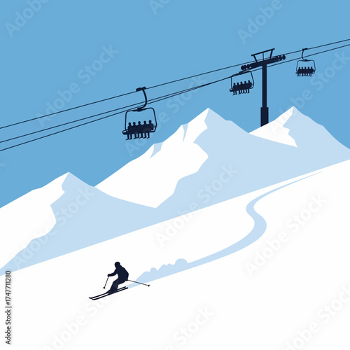 Skiing Down Snowy Mountain Slope with Chairlift and Powder Snow Winter Alpine Sports Illustration