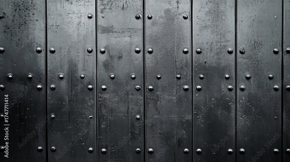 Fototapeta premium Textured dark metal surface with visible rivets creating a strong industrial background for modern design projects