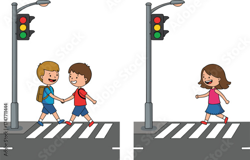 Children crossing street with traffic lights, pedestrian safety awareness, wrong and right behavior, urban road rules, cad drawing flat vector illustration