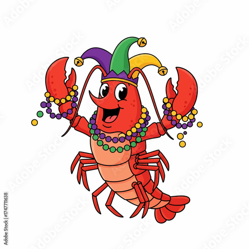 Mascot Lobster Character Celebrating Mardi Gras with Colorful Beads and Jester Hat