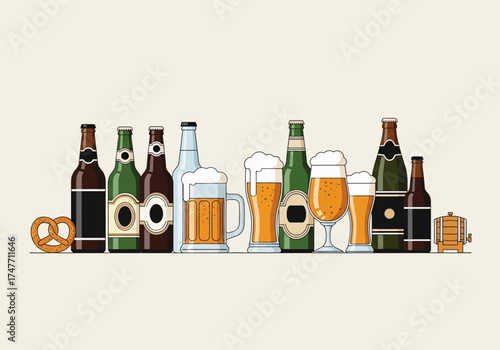 Diverse Assortment of Craft Beer Bottles Mugs and Pretzels Commercial Illustration