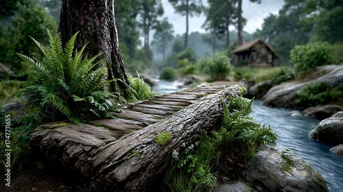 A moss-covered log bridging a forest stream. © sana