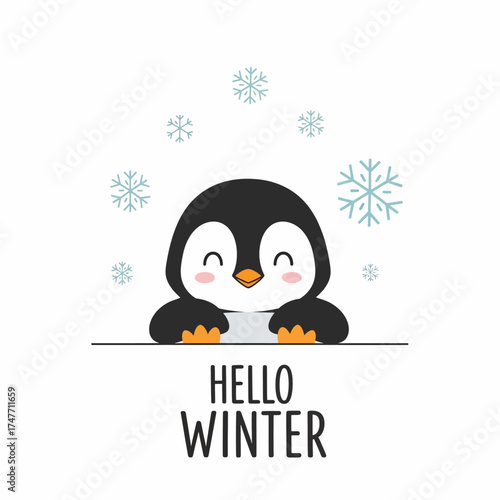Cute cartoon penguin waves hello to winter with snowflakes falling around it perfect for festive greetings and seasonal designs