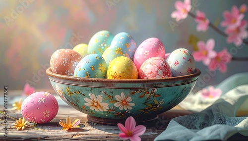 Colorful Easter eggs in a bowl