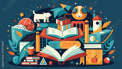 An artistic display of various objects and books set against a black background..eps