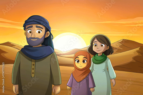 Middle Eastern family walking in desert at sunset, traditional clothes and smiling faces, peaceful travel illustration