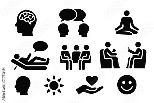 Set of black and white minimalist icons representing psychology therapy and mental health concepts vector