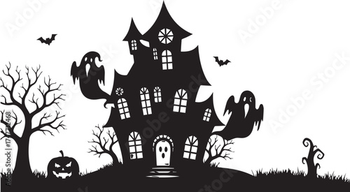 Spooky haunted house illustration with ghostly elements